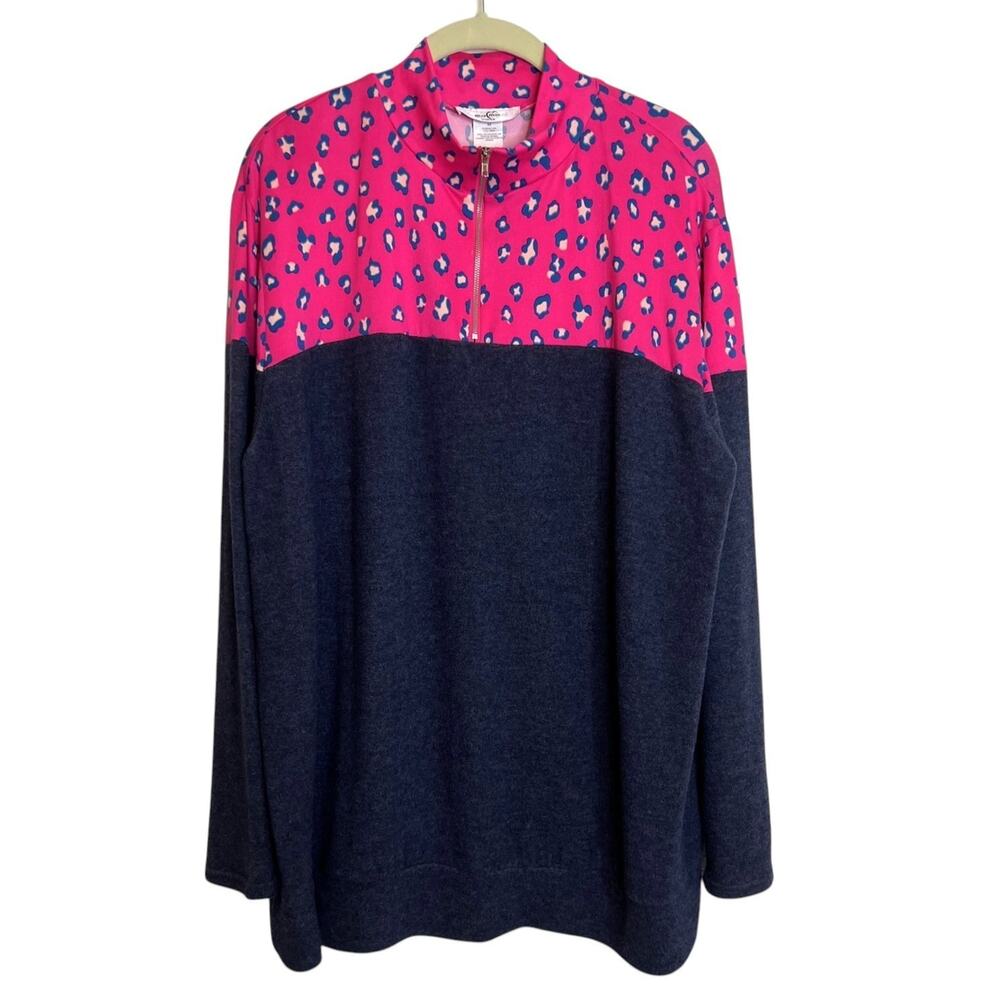 Moa Moa Woman Quarter Zip Pullover 2X Pink Leopard Print Colorblock Navy